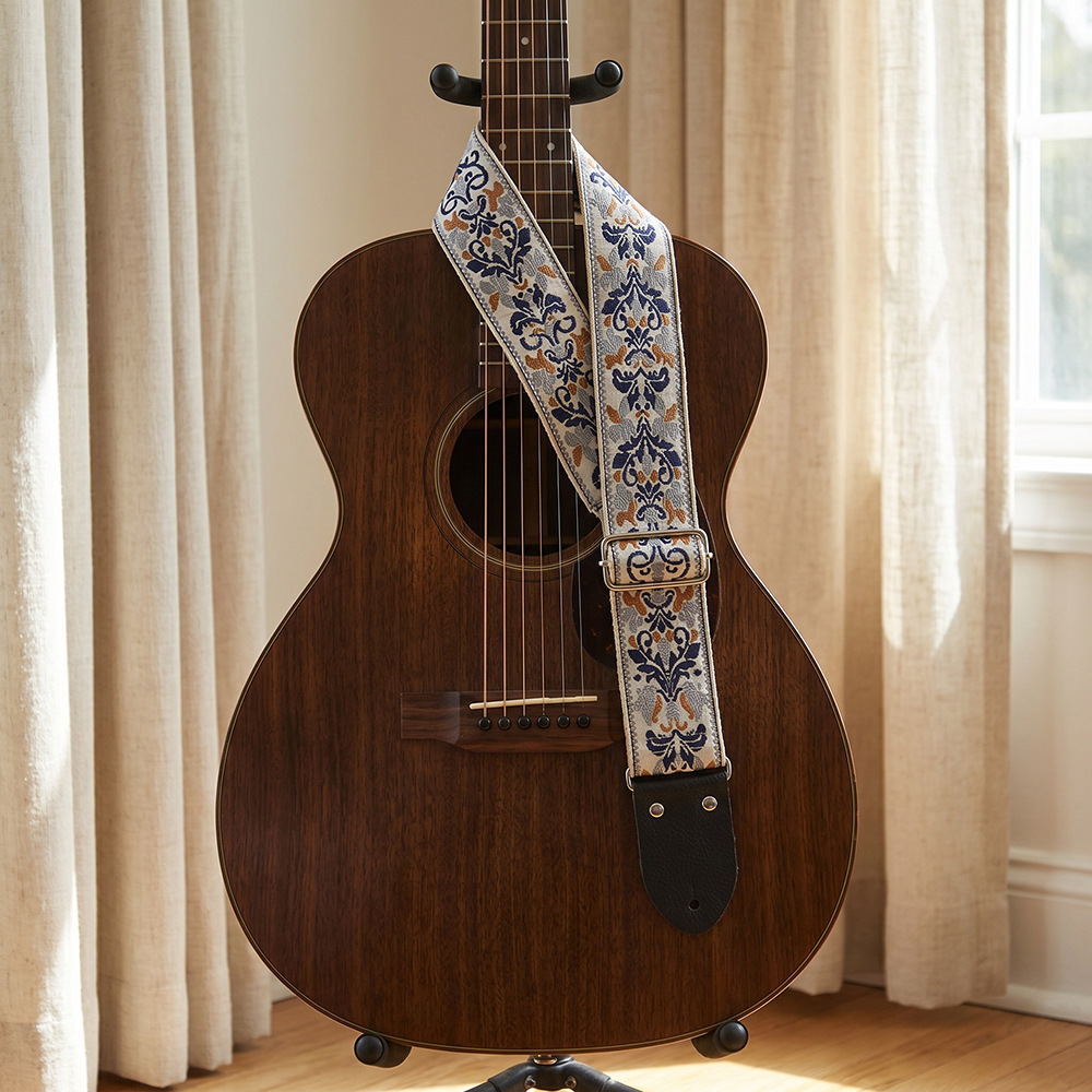 Musical Instrument Band - Beige‑Blue Vintage Embroidered Top‑grain Cowhide Guitar